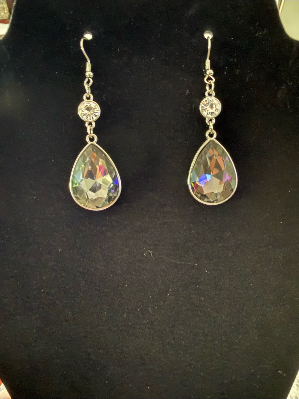 Smokey Gray Teardrop Crystal Dangle Earrings - Silver Tone